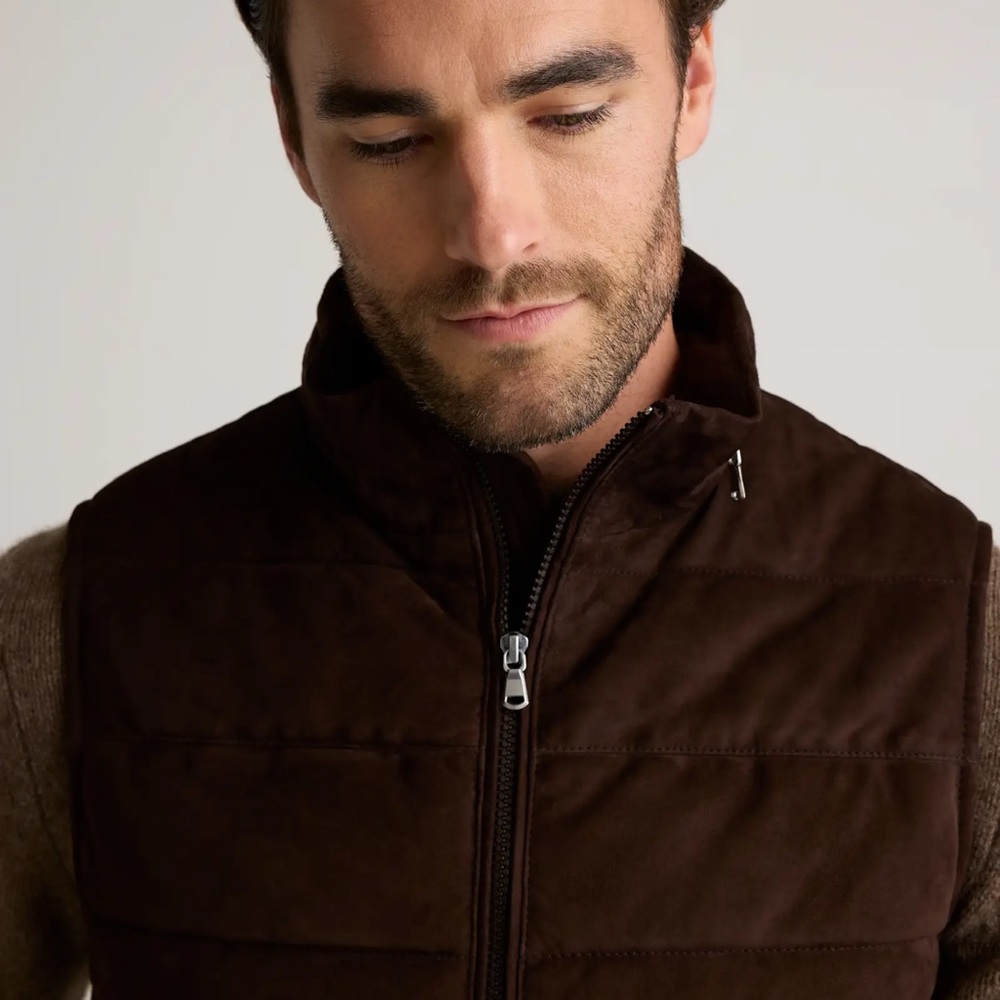 QUINCE 100% Suede Puffer Vest Mens Size XL Color Brown - Picture 2 of 11